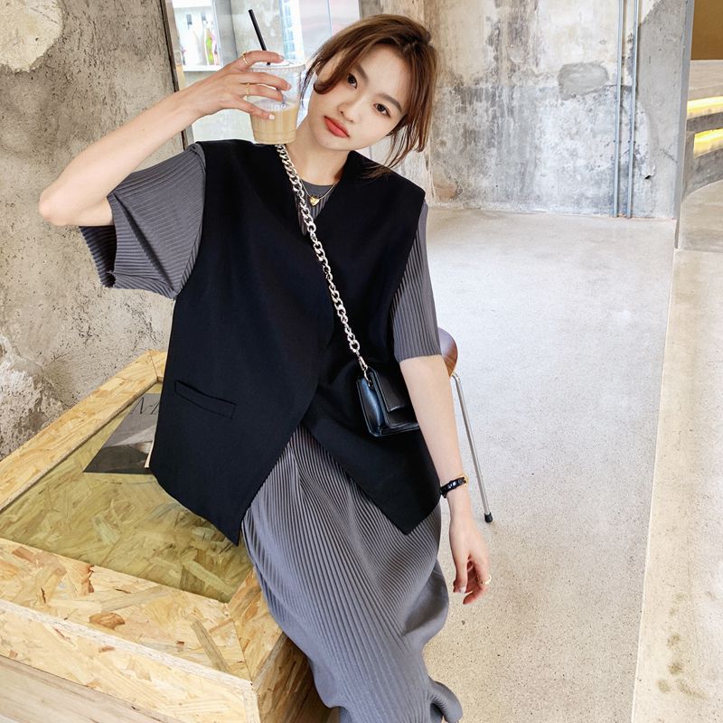 ロングスカート2点セットの薄いウエストコートの実際のフランス気質ドレスセット女性初秋の新しいシニア感覚