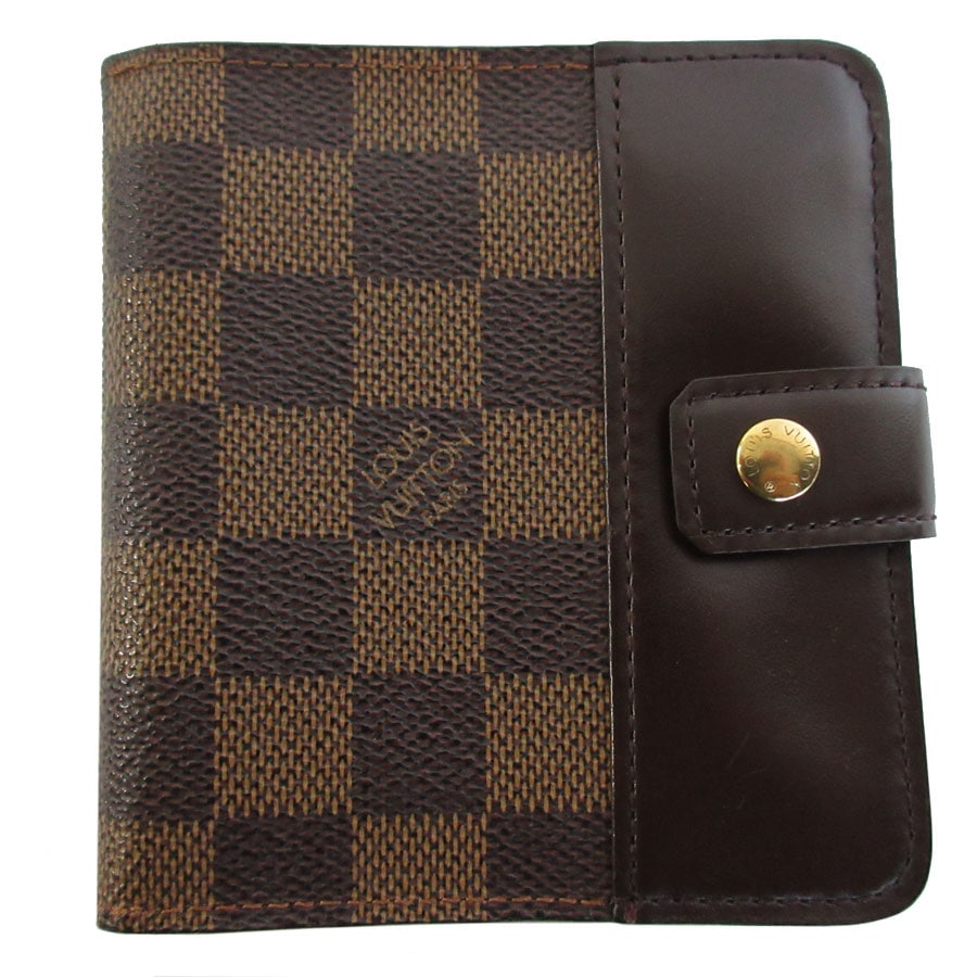 ルイ ヴィトン LOUIS VUITTON 二つ折り財布 ダミエ コンパクトジップ ダミエキャンバス ブラウン ゴールド レディース N61618 s0438a