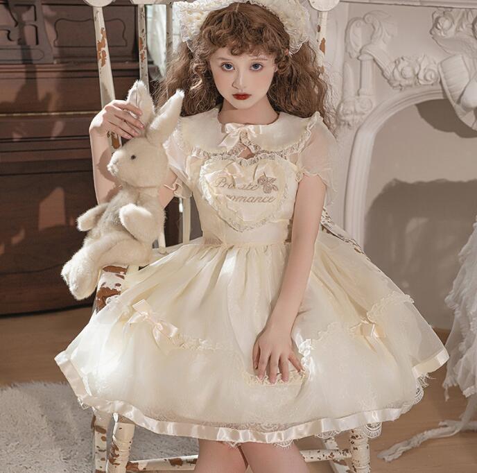 ティアード ロリータワンピース キャミソール 膝丈 チュールドレス お姫様 ロリータ服 リボン付き ハロウィン コスプレ 発表会 学園祭 文化祭 プリンセスワンピース lolita dress ベージ