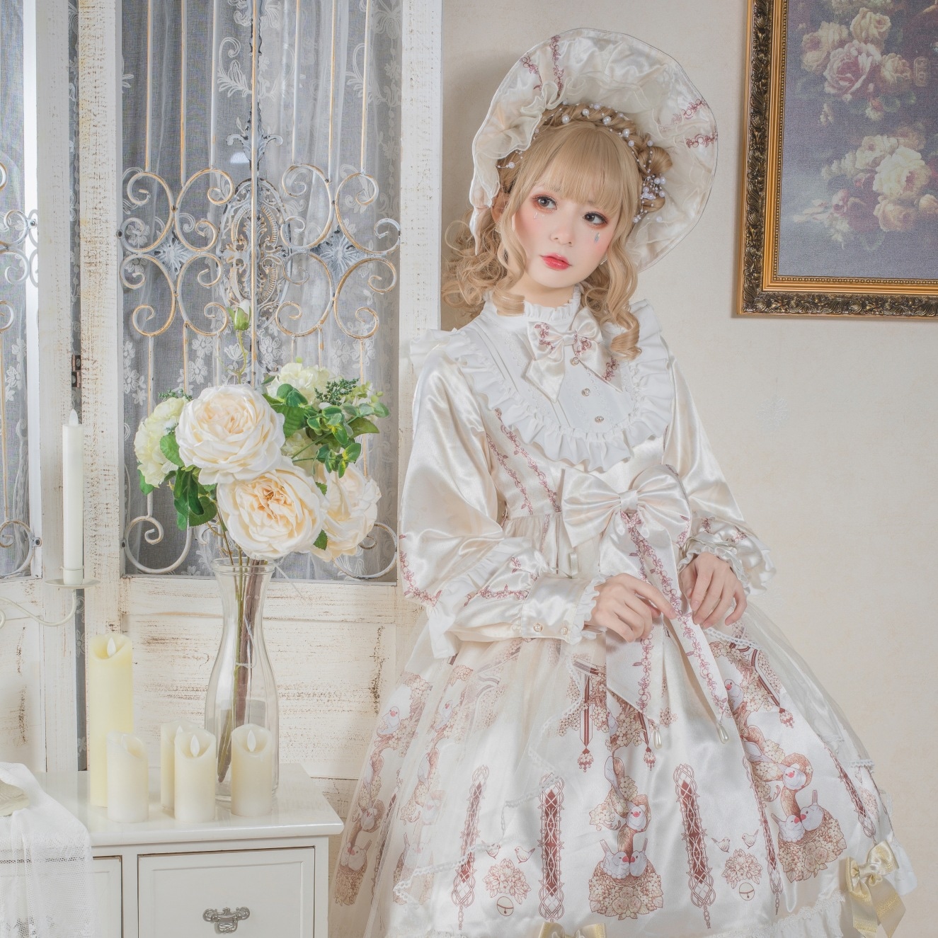 文鳥とクリームフラワーの宮廷長袖のプリンセススカート ロリータワンピース