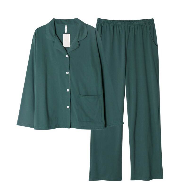 パジャマ 長袖 パンツ 無地 開襟 前開き ウエストゴム ポケット付き ラフ ルームウェア ナイトウェア 部屋着 寝間着 上下 2点セット ツーピース セットアップ グリーン 楽ちん シン 大人可愛い