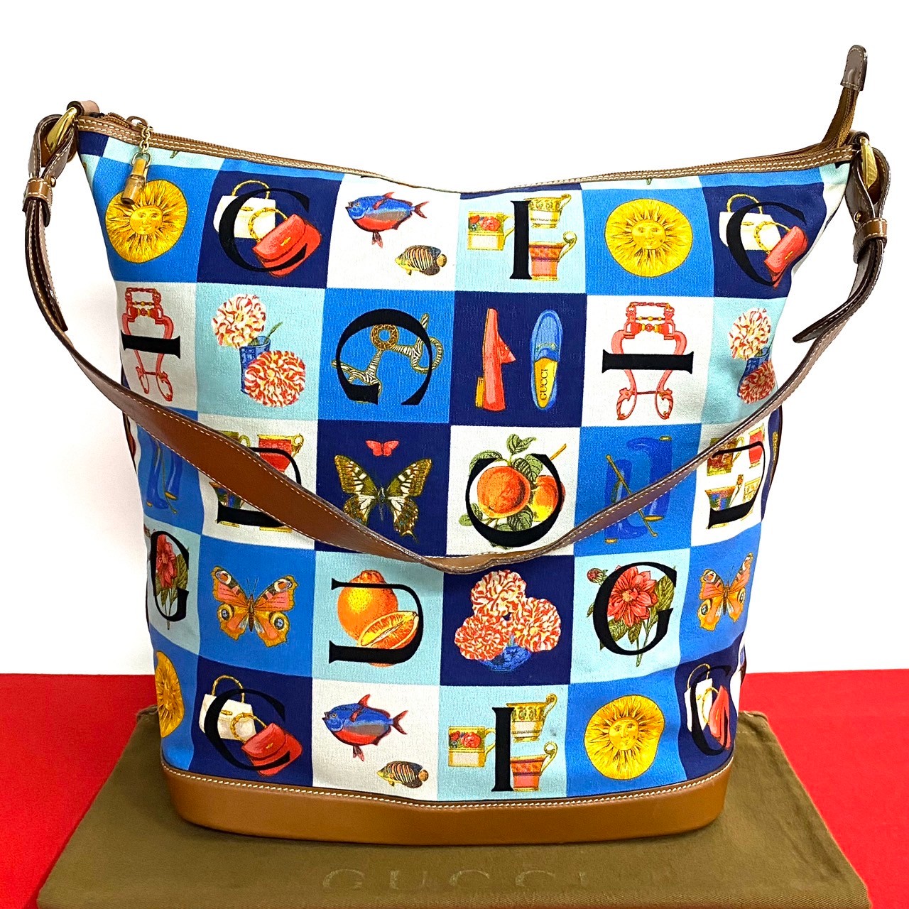 ヴィンテージ シモ 総柄ショルダーバッグ キャンバス レザー ブルー 30485