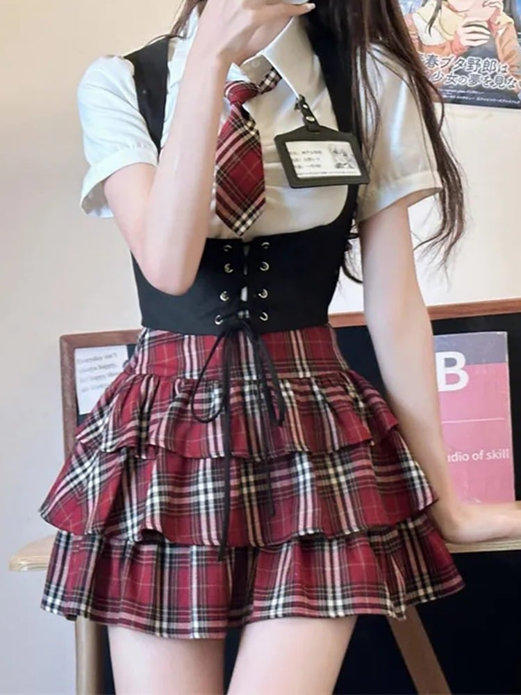 プレッピーアメリカンサマースーツ レディース フィットシャツスリムフィットベストタンクトップパフィースカート（3点セット）