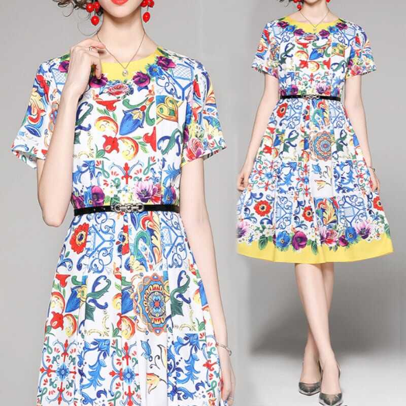 ワンピース ミディ丈 袖あり 半袖 ラウンドネック 花柄 フローラル 大人可愛い きれいめ シンプル カジュアル エレガント フレア 大人 上品 おしゃれ レトロ 春 夏 10代 20代 30代 40