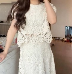 レディース スカート トップス カットソー プルオーバー スーツ アンサンブル ドレス ツーピース レーススカート ミモレ ロング 半袖 ラウンドネック ストレート セパレート レース レースアップ