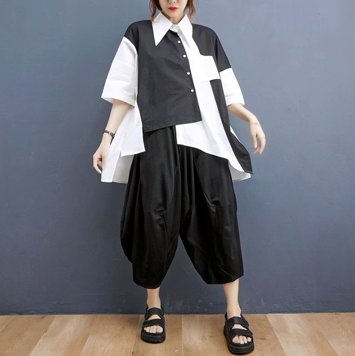２点セット セットアップ シャツ ワイドパンツ 7分丈 袖あり 半袖 5分袖 襟付き 角襟 アシンメトリー 切り替えデザイン ポケット 前開き カジュアル おしゃれ お洒落 かっこいい こなれ感 ラフ 4,784円