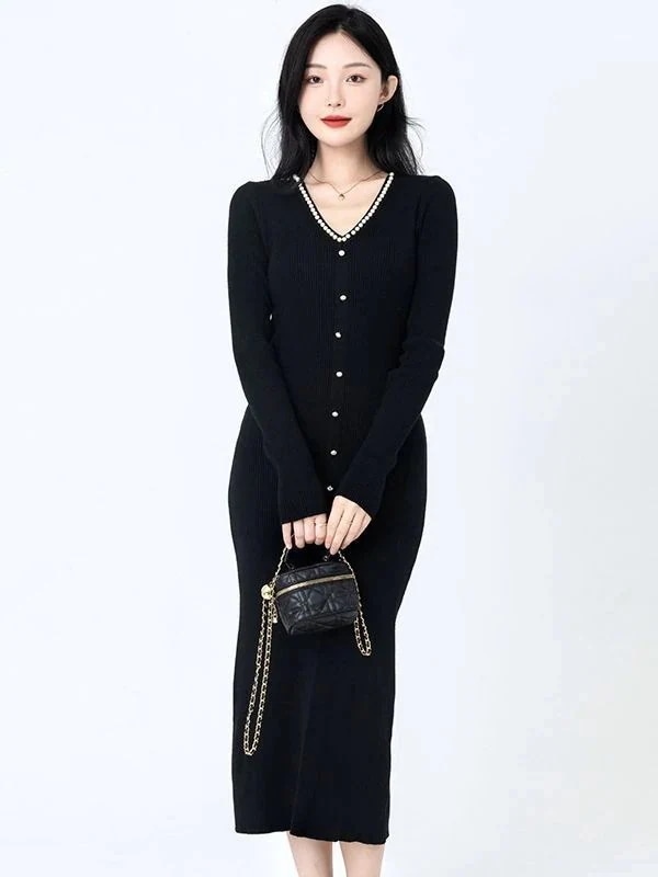 ニットワンピース 冬 春 vネックビーズニットワンピース春 レディース レディーススカート 冬のワンピース 秋 冬 韓国 ロングワンピース 2025新入荷 秋