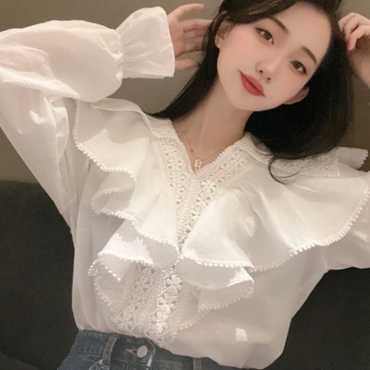 トップス レディース フリル ブラウス カットソー 白シャツ きれいめ 個性的 春服 秋服 冬服 長袖 Vネック 大きな襟 フリル SNS 映え 写真 映え モテ 流行 トレンド 高見え 無地 ホワイ 7,785円