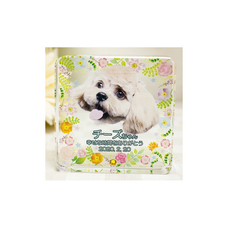 かわいい ペット用メモリアル ペット写真入り ホワイトガラス スクエア形（小）kp-28u-s フォトスタンド 写真 名入れ ウェルカム記念 メモリアルグッズ オーダーメイド 誕生日 記念日 思い出