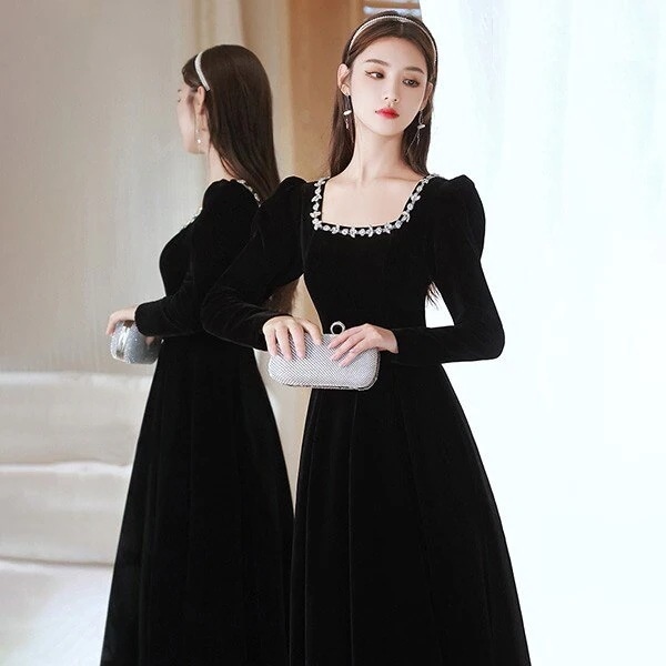 ドレス 大人 ピアノ 発表会 ロングドレス 演奏会 結婚式 母親 ドレス ピアノ発表会 黒 袖付き ワンピース 長袖 演奏会ドレス 演奏会用ドレス パーティードレス イブニングドレス ロング丈