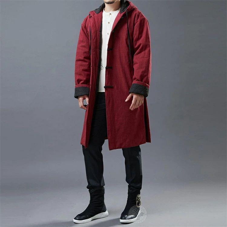 中綿入り チャイナ服 メンズ ロングコート カンフー服 長袖 綿麻 防寒 チャイナコート チャイナジャケット 中綿ジャケット 普段着 羽織り 唐装 漢服 フード付き
