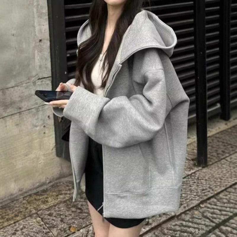 レディースフード付きスウェットシャツ春のオーバーサイズ韓国風ジップアップカーディガンゆったりシックなトップス