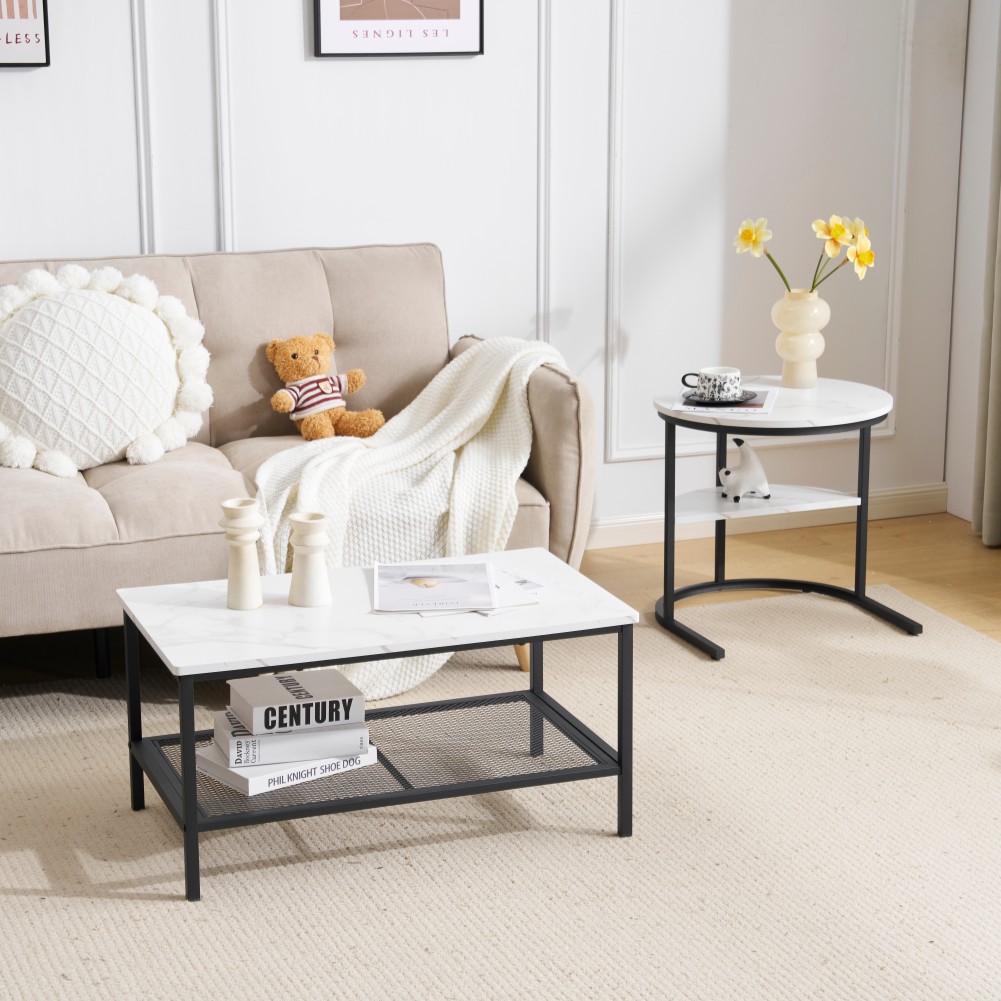 E106【新作登場】ネストテーブル 2点セット 入れ子式 1台3役 収納付き 大理石調 丸 長方形 センターテーブル 北欧 広がる テーブル ローテーブル サイドテーブル 2個セット コンパクト リビ