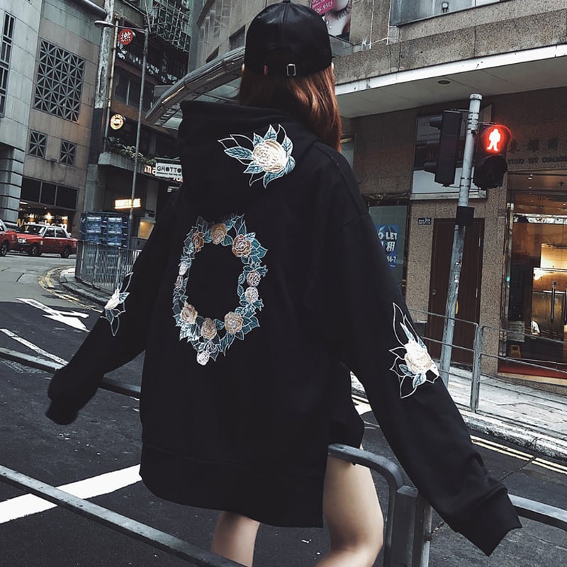 チャイナ風パーカーワンピース フード付き 中華風アウター トップス 花刺繍 あったか 裏起毛 黒