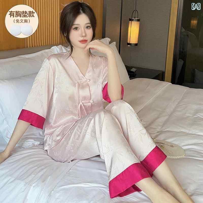 シルク　パジャマ　レディース 夏の 女性用 パジャマ 胸 パッド 付き 冷感 フェイク シルク 半袖 ズボン チャイナ風 家庭 服 外で 着用 可能 薄手 スタイル