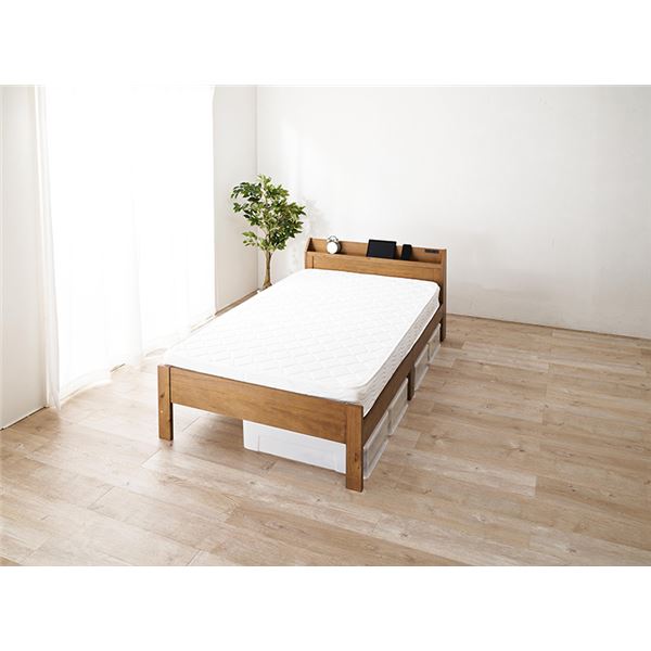 頑丈 すのこベッド セミダブル ボンネルコイルマットレス付き 約幅120.5x奥行211.5x高さ72cm ライトブラウン 組立品 コンセント付き