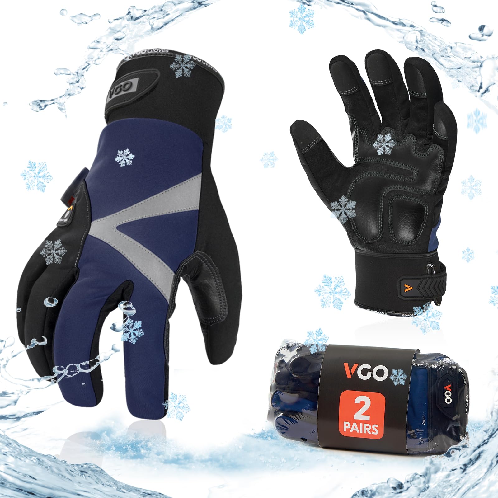 [Vgo...] 2双入-20℃ or -20℃以上に 3M C100裏綿付 防寒テムレス タッチパネル 防水 防寒作業手袋 低温作業 冷蔵庫グローブSL8777FLWP(XL,ブルー＋ブラック)