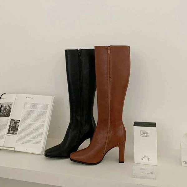 ロングブーツ スクエアトゥ サイドジップ レディース 黒 茶 ブラック ブラウン