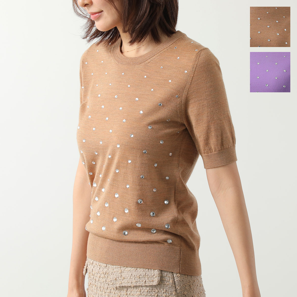N21 ヌメロヴェントゥーノ セーター A028 7019 レディース 半袖 ニット ウール クルーネック ラインストーン装飾 カラー2色
