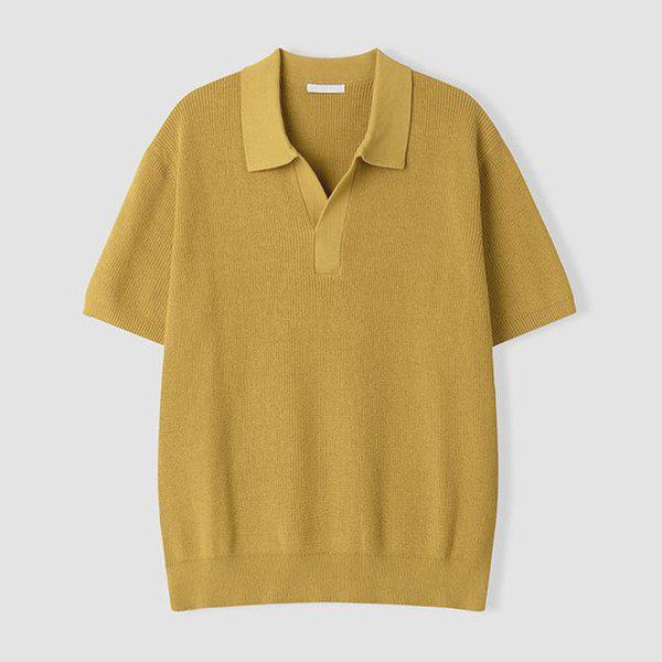 メンズ ハチ オープン カラーネック オーバーサイズ 半袖 ニットTシャツ AS-KNH-Q018-マスタード