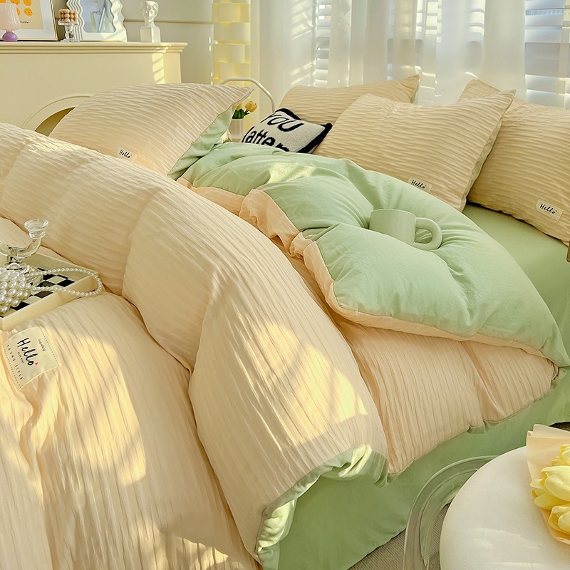 春夏新作 ウォッシュドコットン 4点セット 北欧風 無地 ツーピースフィットシーツ シンプル羽毛布団カバー