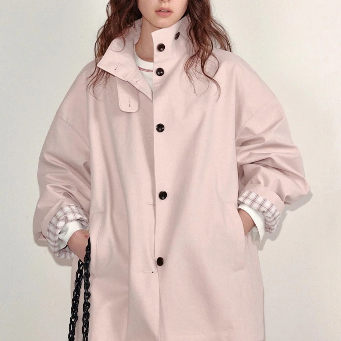 2025クリームピーチピンクチェック柄スリーブショート丈トレンチコート女性用デザイン性小柄秋新作