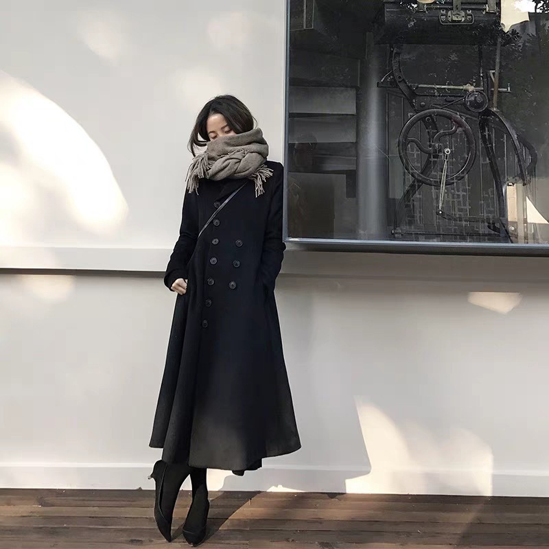 秋冬ロングコートレディースアウターAラインダブルボタンフレアーシルエットお嬢様コートかわいい