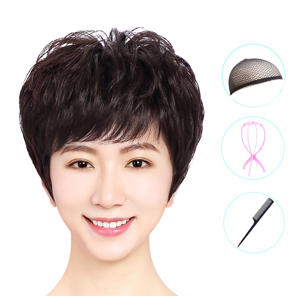 ショートヘアの女性用ウィッグ質感のあるフルヘッドカバー本物の髪ふわふわ通気性美しさ軽減中高年女性用ウィッグカバー