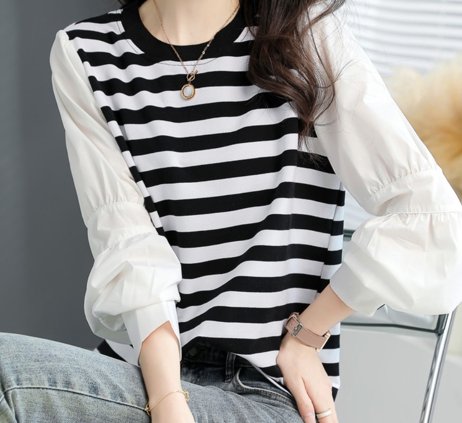 トップス シャツ カットソー 袖あり 長袖 ボリューム袖 ラウンドネック 襟なし ストレート