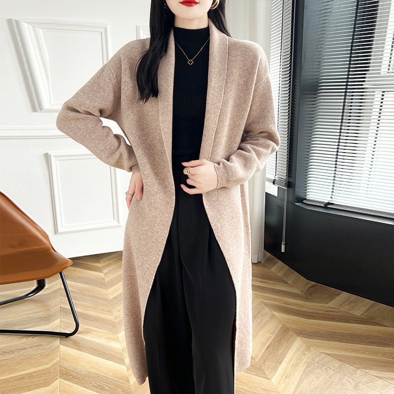 秋冬100ウール弾力カーディガンコートの外にロングタイプの通勤に合わせてニットのボタンなしセーター