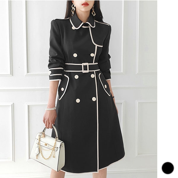 トレンチコート レディース ベルトセット アウター ロング丈 膝丈 長袖 配色 パイピング Aライン 上品 きれいめ オフィス 春 秋 韓国 to25686