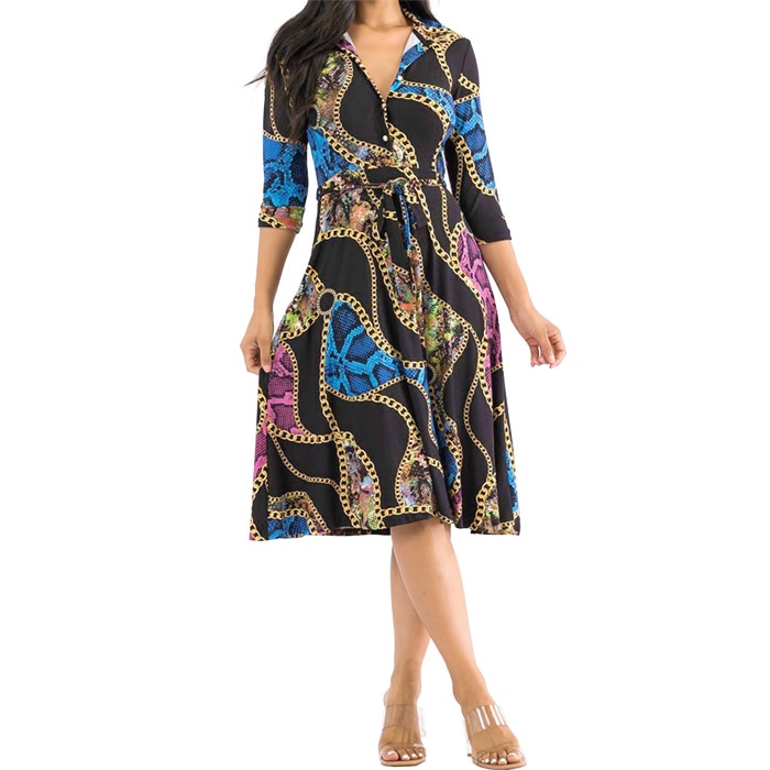 ワンピース 膝下丈 7分袖 フレアスカート チェーンアニマル レトロ クラブ パーティー お出かけ 40代 50代 60代 S.M.L.XL ブラック FROM USA HF230517LA027