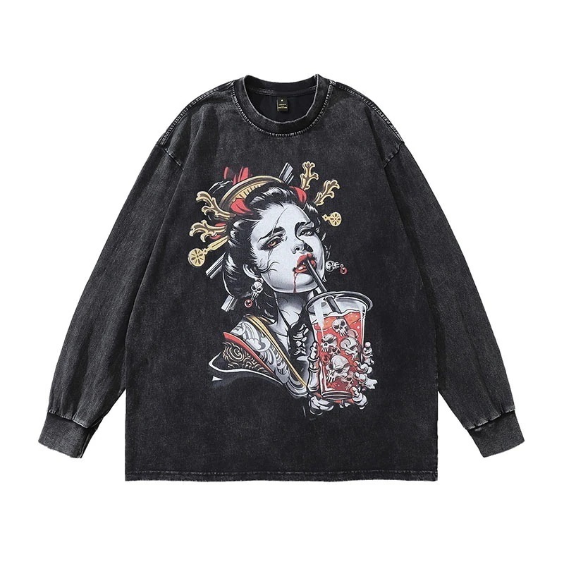 日本の浮世絵レトロ直接射出印刷ヴィンテージダメージ加工長袖 T シャツ男性と女性のストリート ファッション ブランド