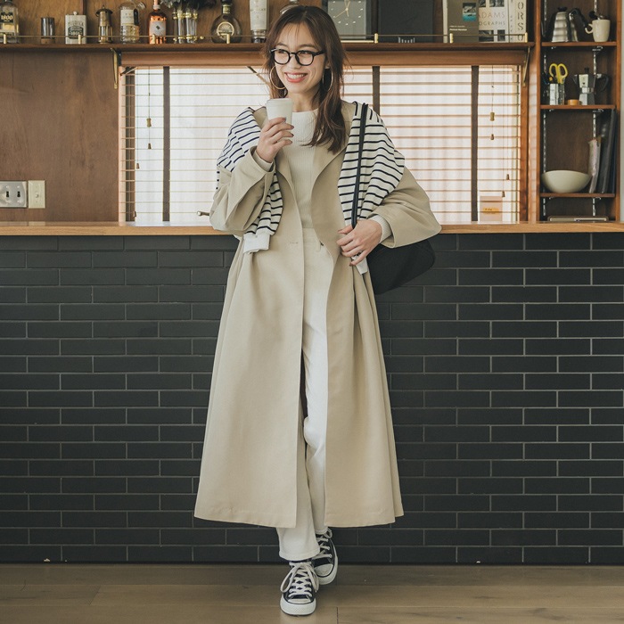 トレンチコート レディース Aライン ノーカラー ボリュームスリーブ ボックスタック 前ボタン ポケット 裏地付き 無地 送料無料/メール便不可