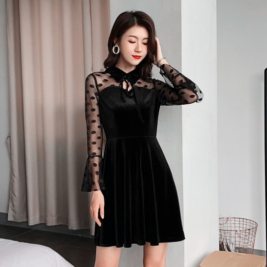 大人可愛い ベロア 水玉チュール レイヤードワンピース ショート Aライン 長袖 パーティー