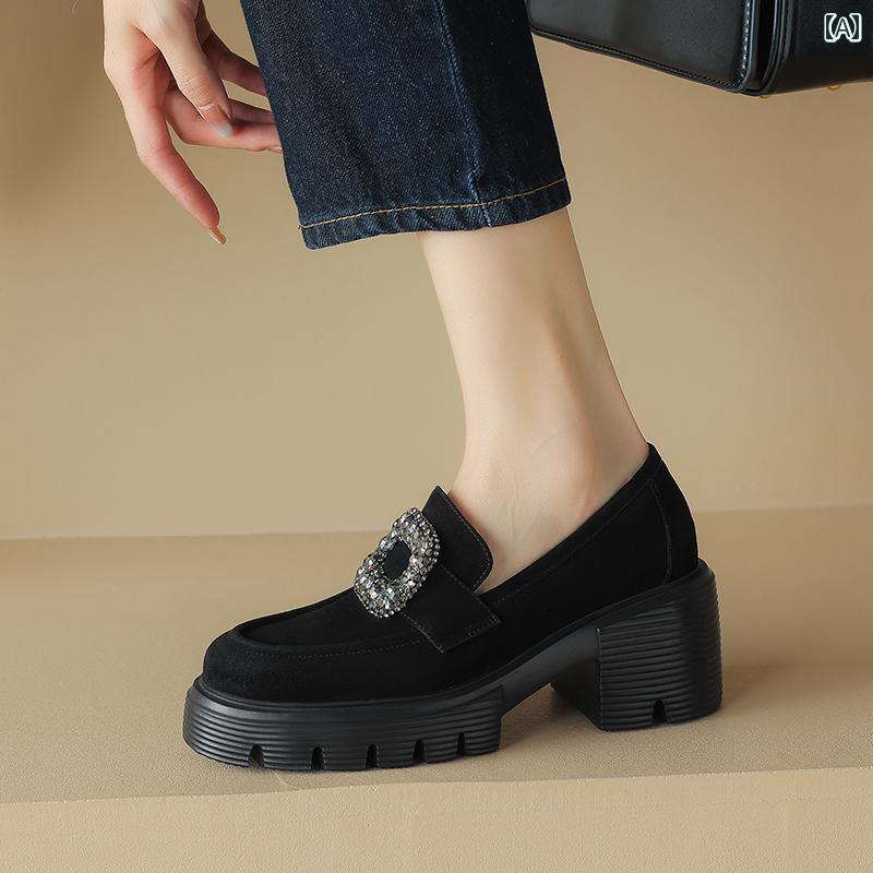 ローファー レディース オフィス カレッジ 通勤 通学 仕事 女性用 厚底 厚底 レトロ マット スクエアバックル ブラウン 英国 スタイル レザー ベルベット 暖かい 靴 8,416円