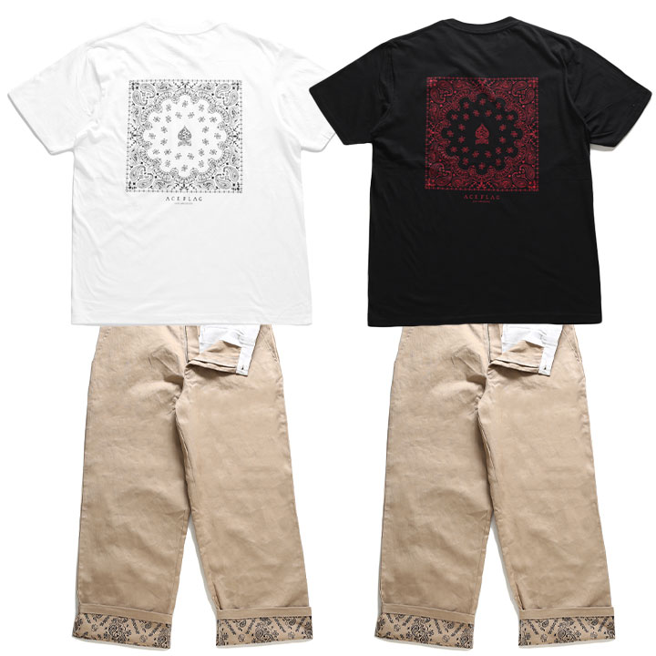 ACE FLAG 上下セット 半袖 ブランド Tシャツ チノパン ロングパンツ 上下 セットアップ メンズ 春夏用 白/黒 大きいサイズ エースフラッグ b系