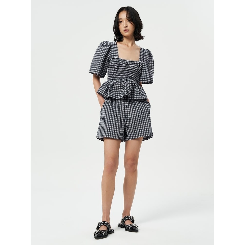 GANNI シーサッカーチェック伸縮性ショーツ-イーグレット FW24/QN4525R055