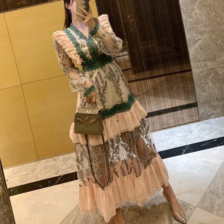 ワンピース 長袖 花柄 シースルー メッシュ ロングドレス ロング丈 マキシ マキシ丈 袖あり フリル かわいい 大人可愛い きれいめ 大人 上品 おしゃれ お洒落 大人可愛い 大人女子 ラブリー キ 6,207円