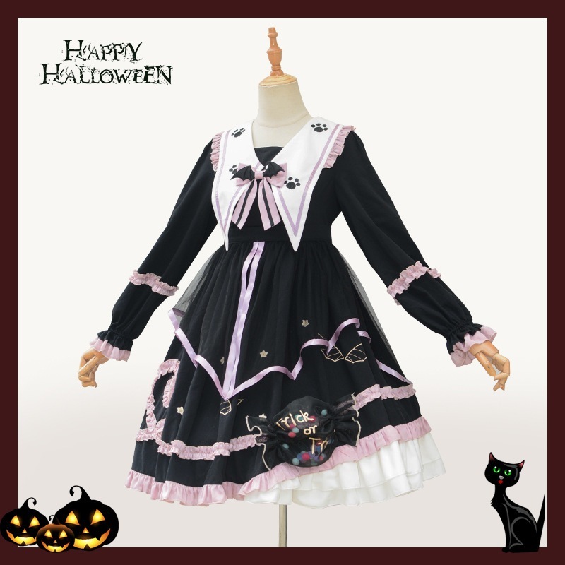 魔法屋ゴシックハロウィンダークパープル長袖厚手ワンピース ロリータワンピース