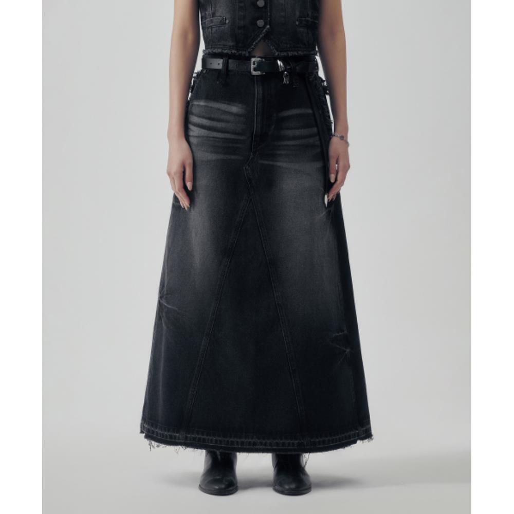 TREEMINGBIRD Vintage Frayed Denim Setup Skirt Black TM