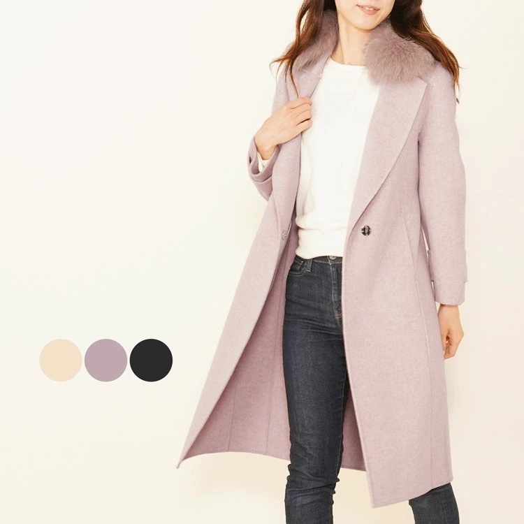 ウール100%コートレディースロングダブルフェイス一枚仕立てフォックスファー(020