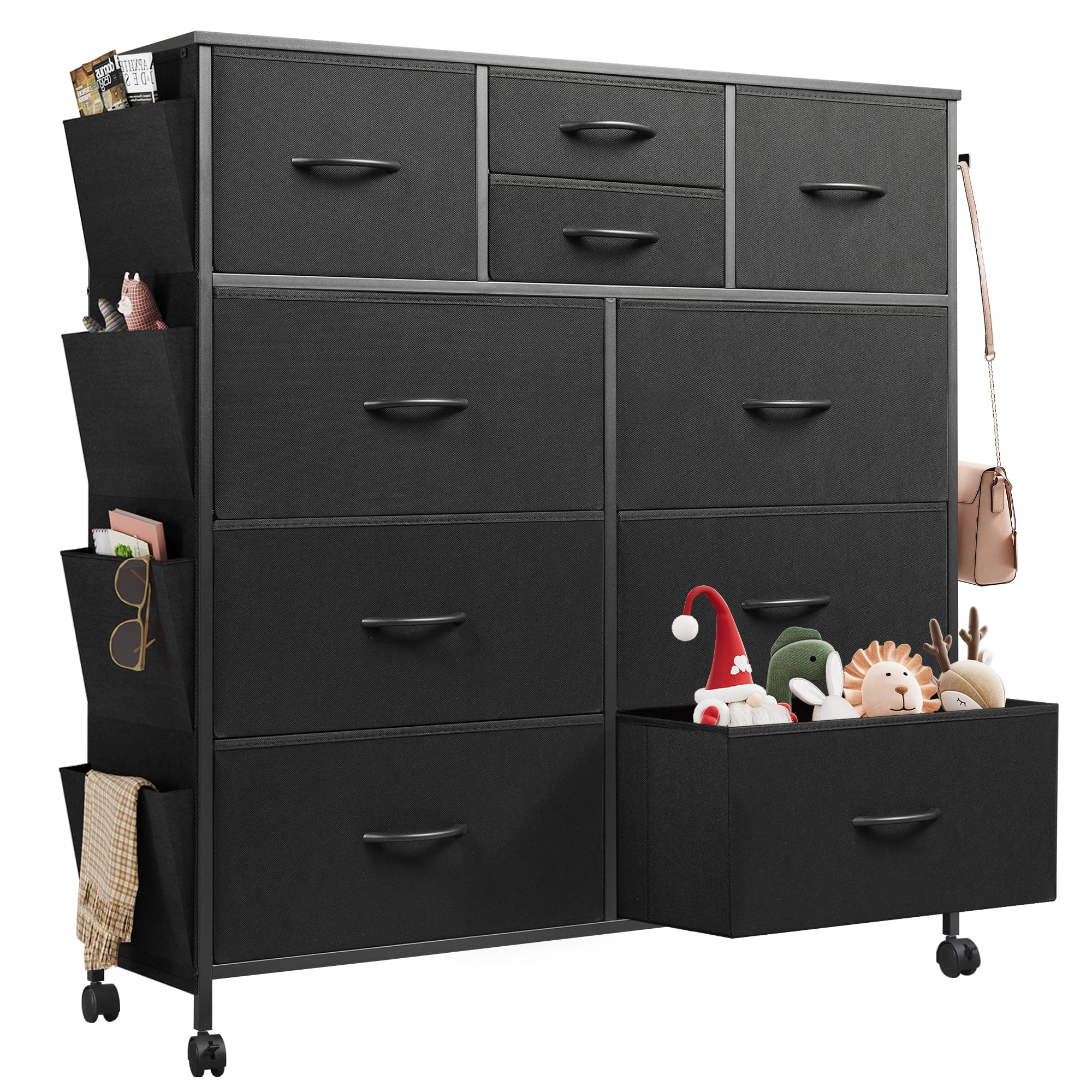 チェスト タンス キャスター付き サイドポケット付き 4段10杯 箪笥 ハイチェストチェスト4段 リビング収納 おしゃれ 収納チェスト 引き出し 大容量 洋服タンス 布製 衣類収納 北欧 シンプル ブ