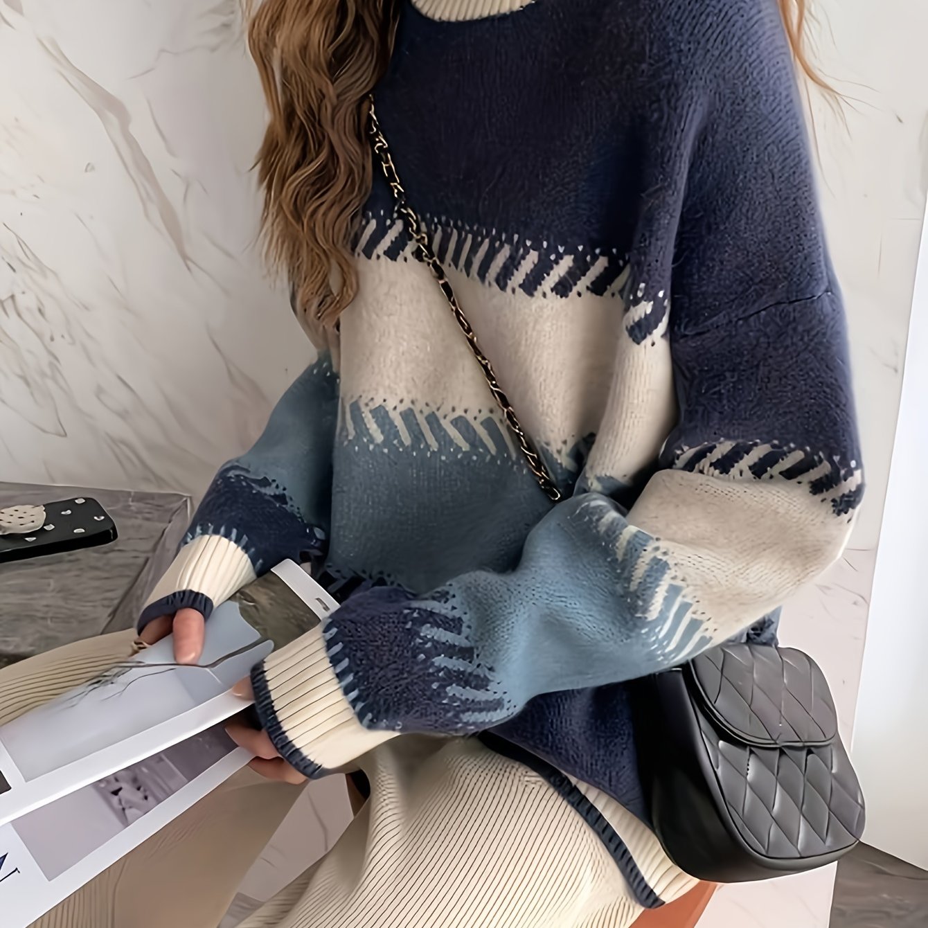 女性用カラーブロックプルオーバーポリエステル素材丸首秋冬の定番 5,726円