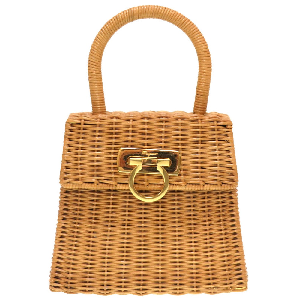 美品 サルヴァトーレフェラガモ ガンチーニ DO-216176 ハンドバッグ ストロー/ストロー ブラウン 0180【中古】Salvatore Ferragamo レディース