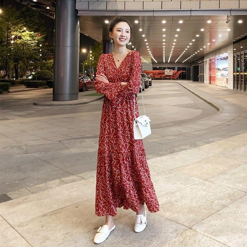 ワンピースレディースキレイめマキシ丈ワンピース長袖ワンピVネック着痩せシフォンロング呼ばれ結婚式春秋