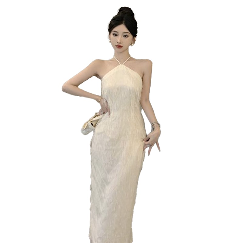 背中を露にした首掛けキャミソールワンピース春の上品セクシー婚約バースデータキシード