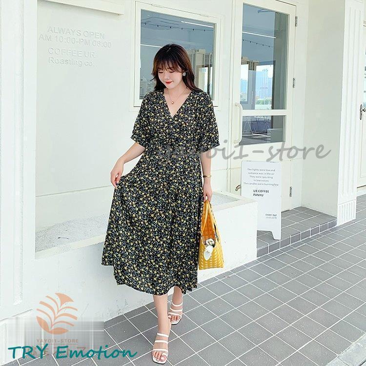 ワンピース レディース 夏 通勤 韓国風 30代 オシャレ きれいめ 大きいサイズ 半袖 花柄ワンピース Vネック ロング丈ワンピース 40代 2色 カジュアル