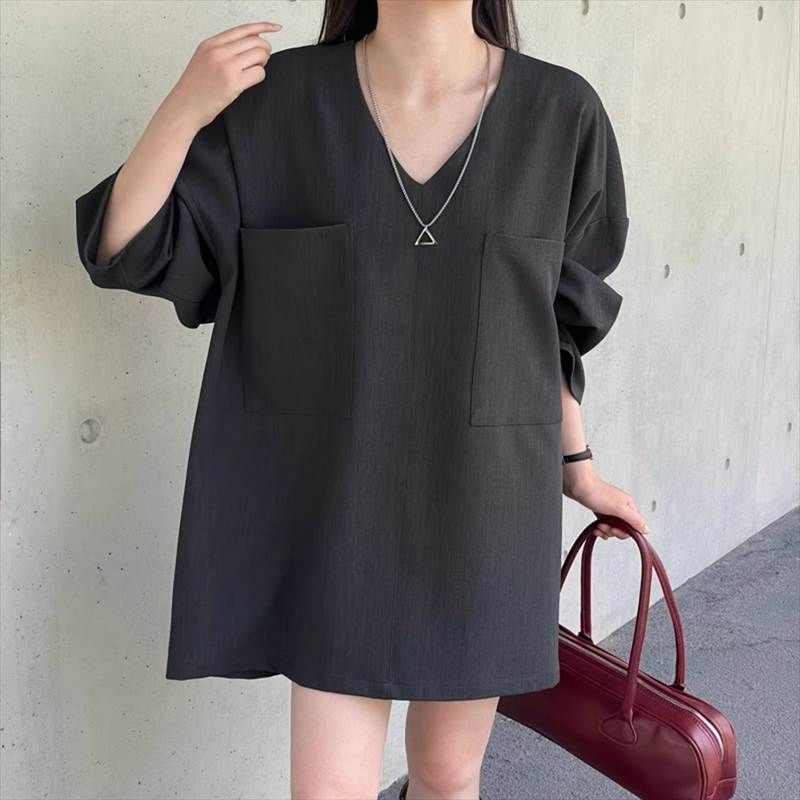 品質保証楽ちん シルエット ブラック グレー ネック 高見え プルオーバー 襟なし 体型カバー ゆったり 定番 デイリー レディース 外出 無地 美脚 長丈ス 1枚で決まる 人気 お尻カバー 七分袖