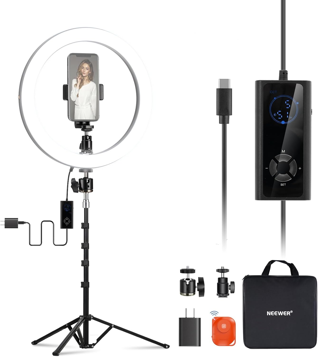 NEEWER RH12B LEDリングライト 12インチ 自撮りライト 180cm三脚スタンドとスマホホルダー付属 スマホ用撮影ライト 24W 高出力 バイカラー 調光可能 2900K-7000K C